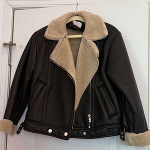 Zara Black Faux Leather Jacket with Cream Shearling